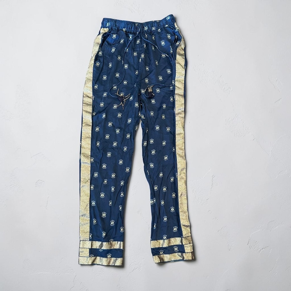 FARM Rio Navy Blue Evil Eye Viscose Beach Jogger Pants Gold Metallic Stripe‎ XS